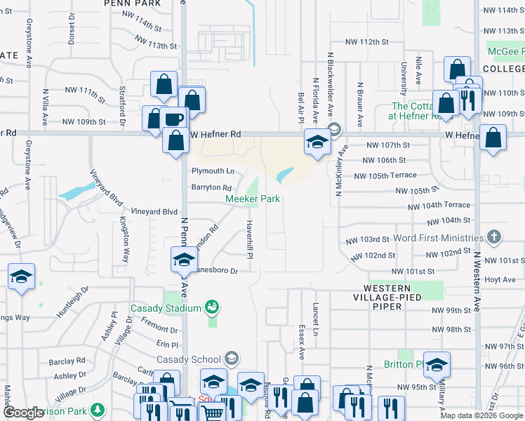 map of restaurants, bars, coffee shops, grocery stores, and more near Meeker Drive in The Village