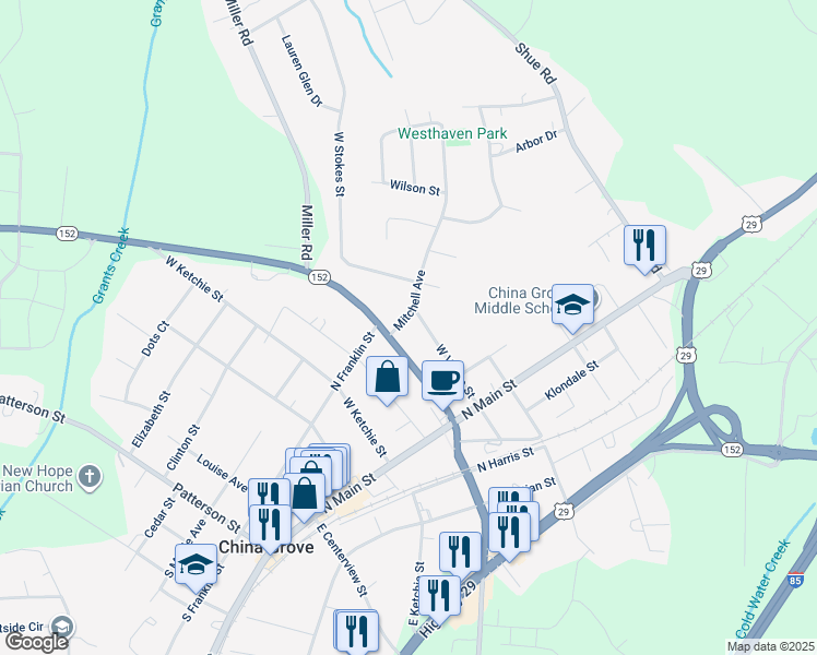 map of restaurants, bars, coffee shops, grocery stores, and more near 608 Mitchell Avenue in China Grove