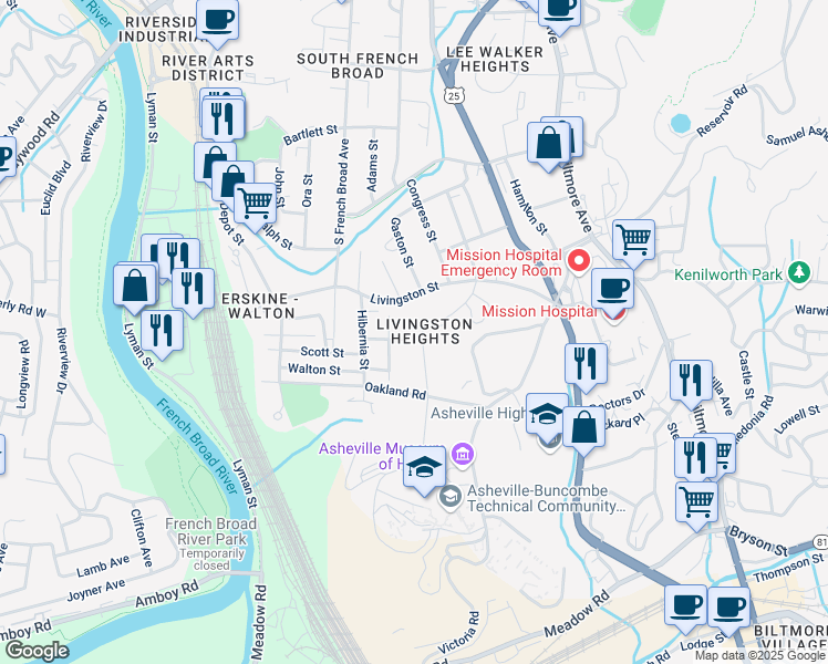 map of restaurants, bars, coffee shops, grocery stores, and more near 34 Erskine Street in Asheville