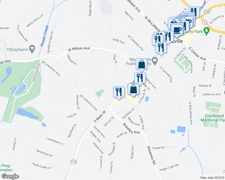 map of restaurants, bars, coffee shops, grocery stores, and more near 226 Caldwell Avenue in Mooresville