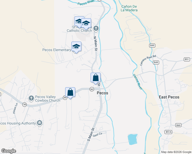 map of restaurants, bars, coffee shops, grocery stores, and more near 18 North Main Street in Pecos