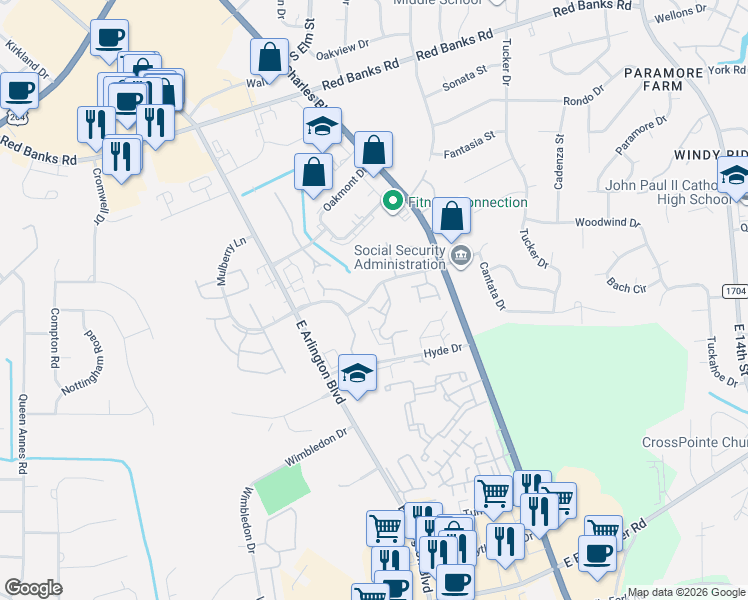 map of restaurants, bars, coffee shops, grocery stores, and more near 101 Breezewood Drive in Greenville