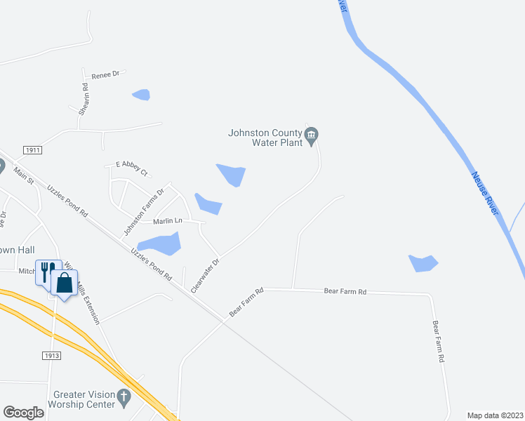 map of restaurants, bars, coffee shops, grocery stores, and more near 177 Clearwater Drive in Smithfield