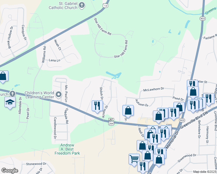 map of restaurants, bars, coffee shops, grocery stores, and more near 302 Alice Drive in Greenville