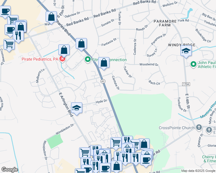 map of restaurants, bars, coffee shops, grocery stores, and more near 2835 North Carolina 43 in Greenville