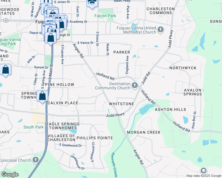map of restaurants, bars, coffee shops, grocery stores, and more near 601 Angier Road in Fuquay-Varina