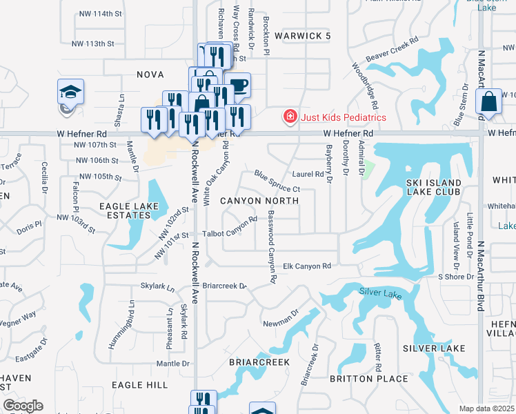 map of restaurants, bars, coffee shops, grocery stores, and more near 6904 Bear Canyon Drive in Oklahoma City