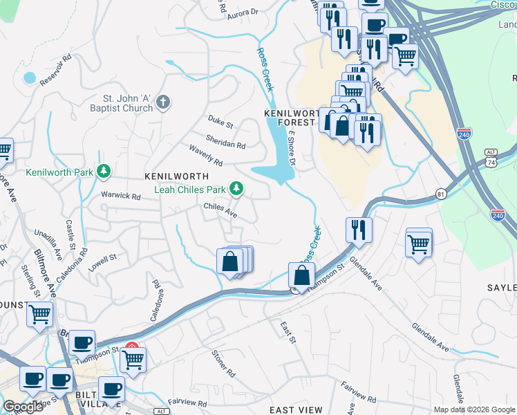 map of restaurants, bars, coffee shops, grocery stores, and more near 136 Lakewood Drive in Asheville