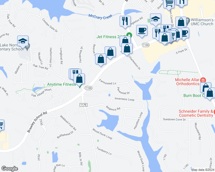 map of restaurants, bars, coffee shops, grocery stores, and more near 128 Farmstead Lane in Mooresville