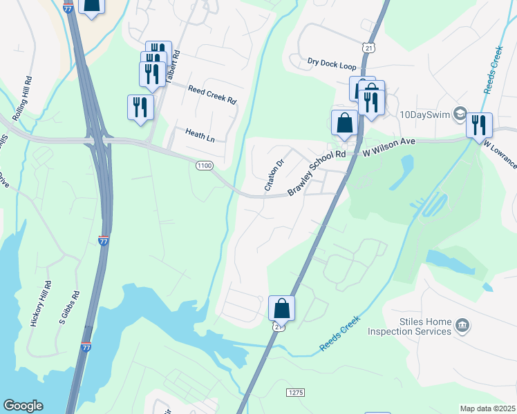 map of restaurants, bars, coffee shops, grocery stores, and more near 123 Bluegrass Circle in Mooresville