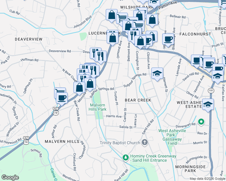 map of restaurants, bars, coffee shops, grocery stores, and more near 16 Middlemont Avenue in Asheville