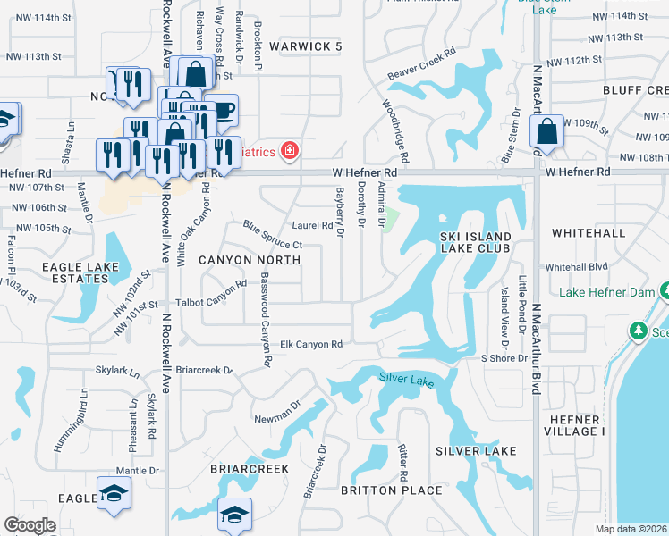 map of restaurants, bars, coffee shops, grocery stores, and more near 10509 Bayberry Drive in Oklahoma City