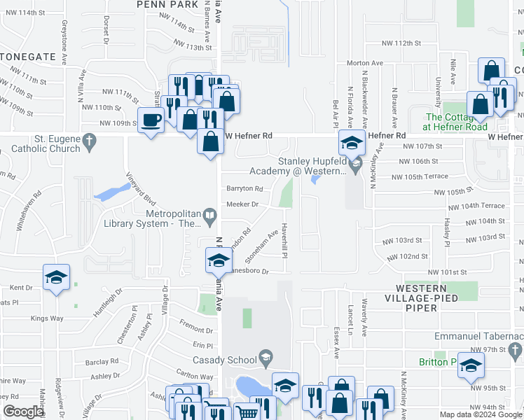 map of restaurants, bars, coffee shops, grocery stores, and more near 10413 Lyndon Road in Oklahoma City