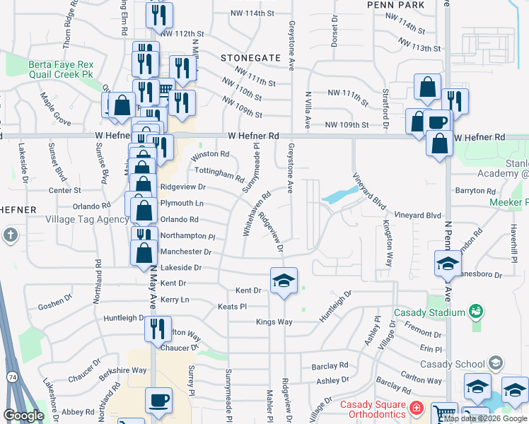 map of restaurants, bars, coffee shops, grocery stores, and more near 10716 Whitehaven Road in The Village