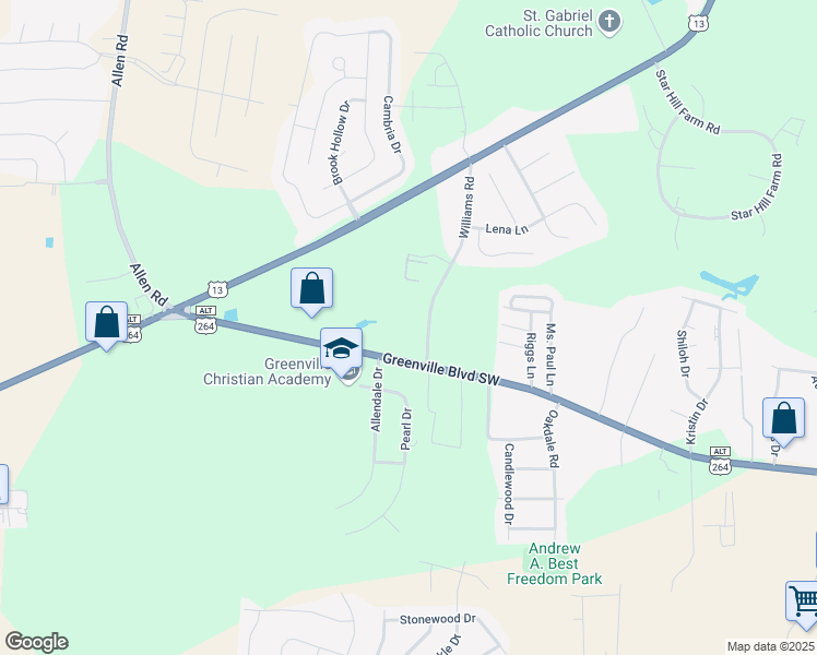 map of restaurants, bars, coffee shops, grocery stores, and more near 3194 Williams Road in Greenville