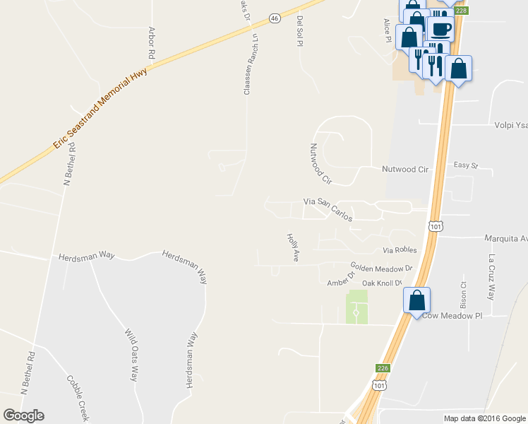 map of restaurants, bars, coffee shops, grocery stores, and more near 167 Via San Miguel in Paso Robles