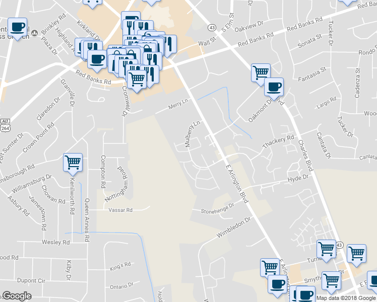 map of restaurants, bars, coffee shops, grocery stores, and more near 2706 Mulberry Lane in Greenville