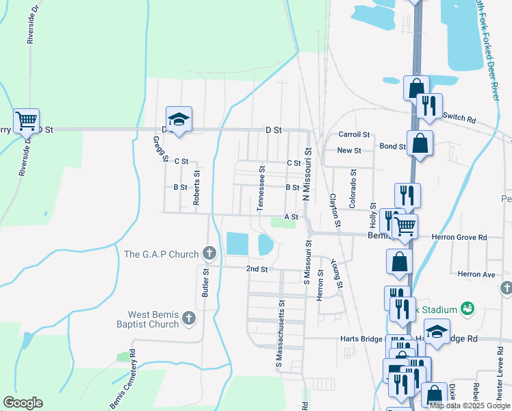 map of restaurants, bars, coffee shops, grocery stores, and more near 11 North Tennessee Street in Jackson