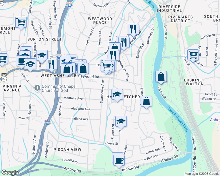 map of restaurants, bars, coffee shops, grocery stores, and more near 23 Ridgelawn Road in Asheville