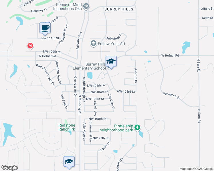 map of restaurants, bars, coffee shops, grocery stores, and more near 11212 Northwest 106th Street in Yukon