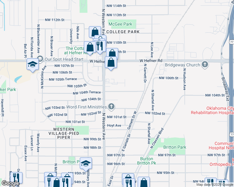 map of restaurants, bars, coffee shops, grocery stores, and more near 920 Northwest 104th Street in Oklahoma City