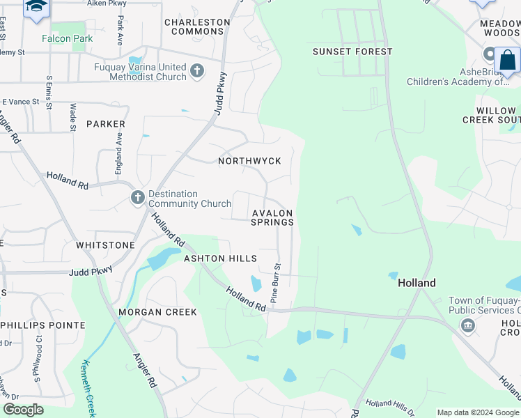 map of restaurants, bars, coffee shops, grocery stores, and more near 1012 Old Baron Drive in Fuquay Varina