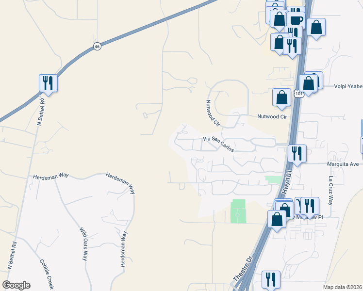 map of restaurants, bars, coffee shops, grocery stores, and more near 162 Via San Miguel in Paso Robles