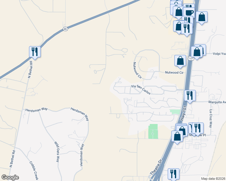 map of restaurants, bars, coffee shops, grocery stores, and more near 167 Via San Miguel in Paso Robles