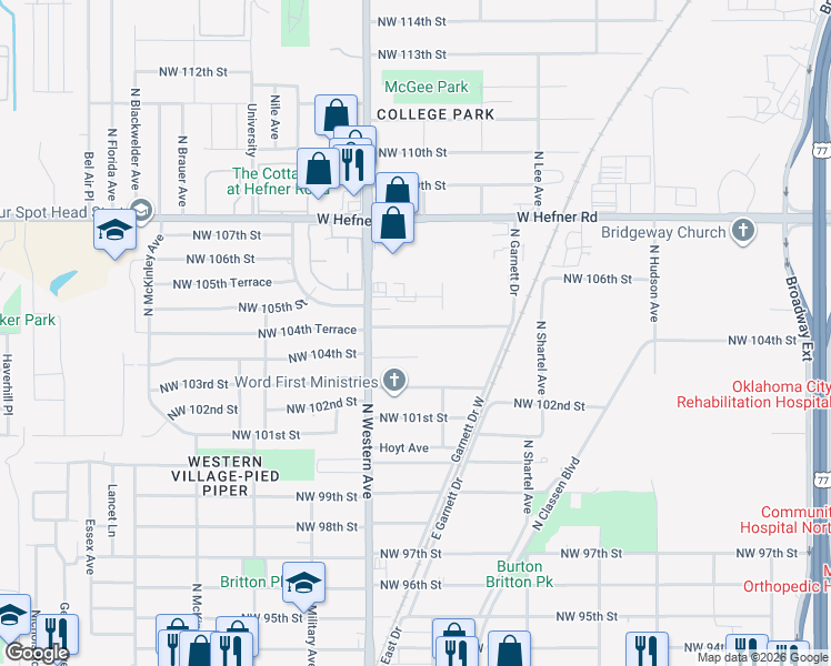 map of restaurants, bars, coffee shops, grocery stores, and more near 920 Northwest 104th Street in Oklahoma City