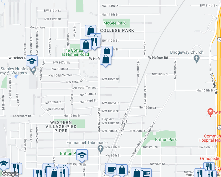 map of restaurants, bars, coffee shops, grocery stores, and more near 924 Northwest 104th Street in Oklahoma City