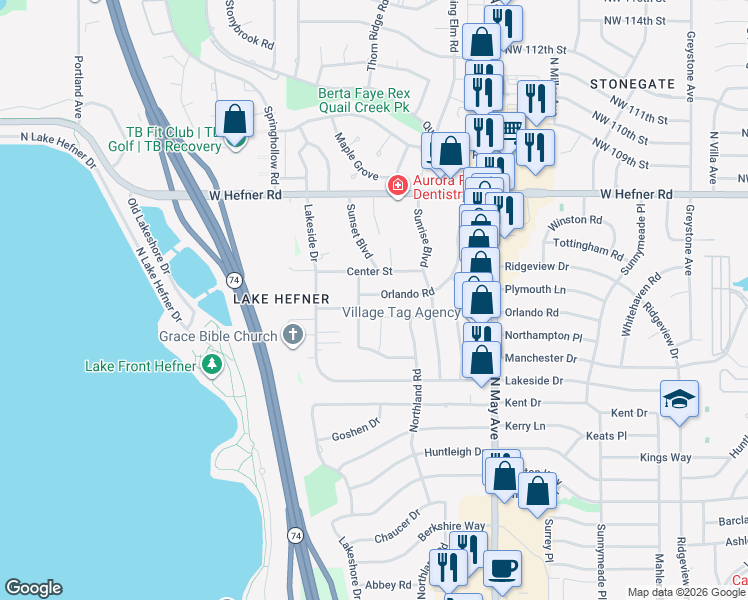 map of restaurants, bars, coffee shops, grocery stores, and more near 3105 Orlando Road in The Village