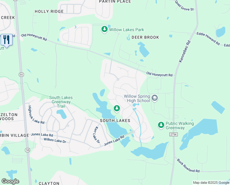 map of restaurants, bars, coffee shops, grocery stores, and more near 3444 Jones Lake Road in Fuquay-Varina