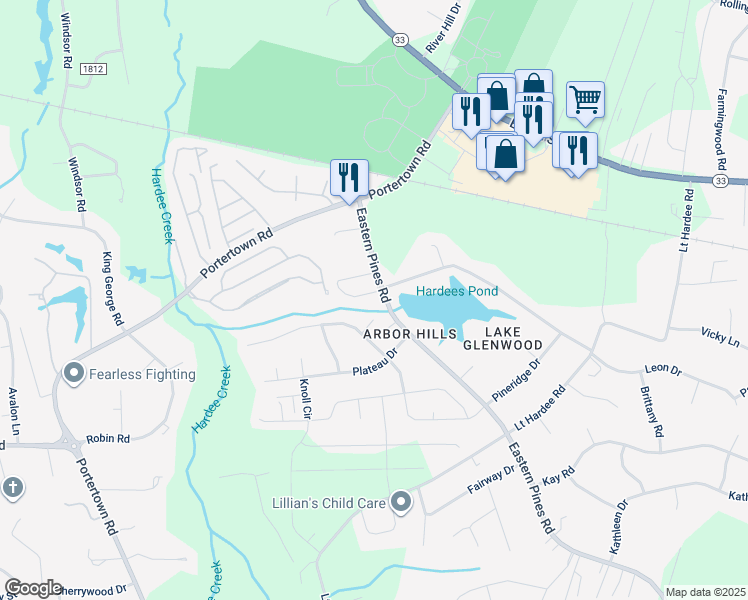map of restaurants, bars, coffee shops, grocery stores, and more near 4399 Eastern Pines Road in Greenville