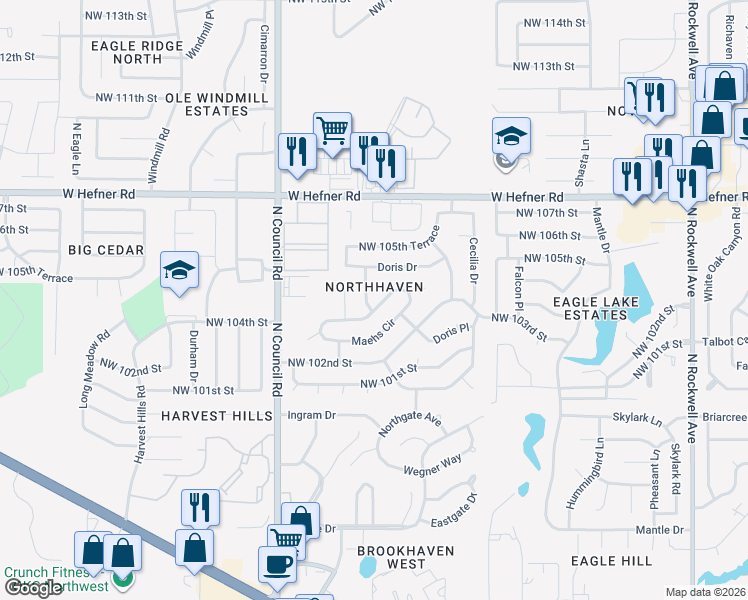map of restaurants, bars, coffee shops, grocery stores, and more near in Oklahoma City