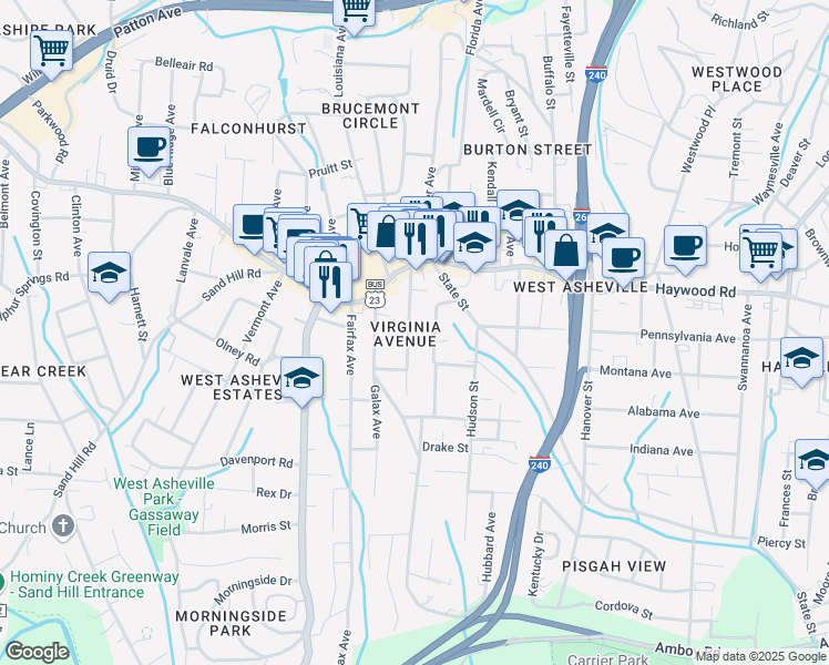 map of restaurants, bars, coffee shops, grocery stores, and more near 60 Nevada Avenue in Asheville