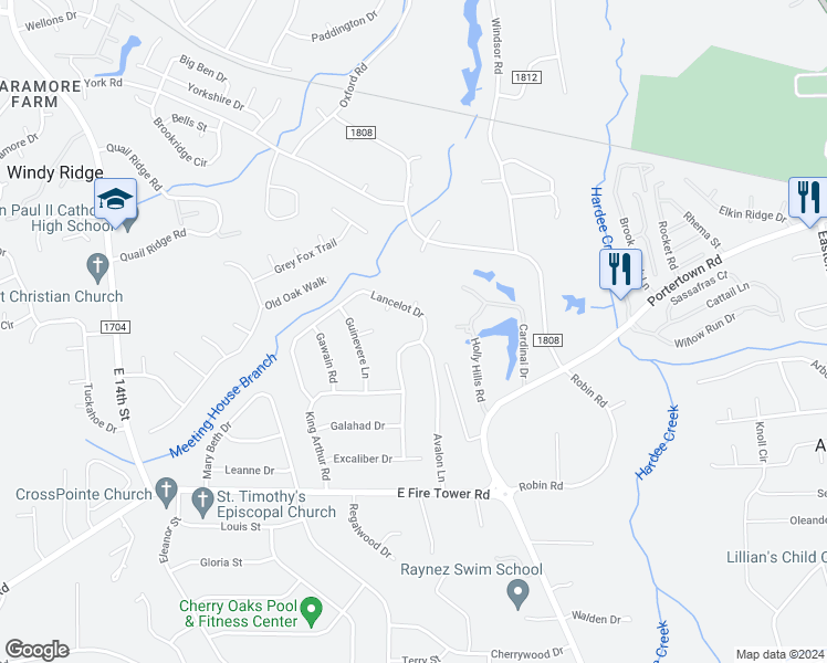 map of restaurants, bars, coffee shops, grocery stores, and more near 401 Lancelot Drive in Greenville