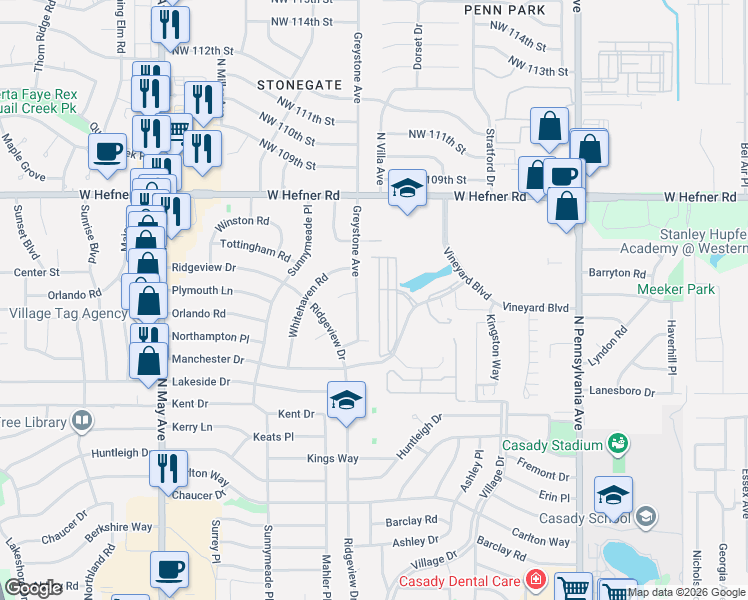 map of restaurants, bars, coffee shops, grocery stores, and more near 2455 Manchester Drive in Oklahoma City