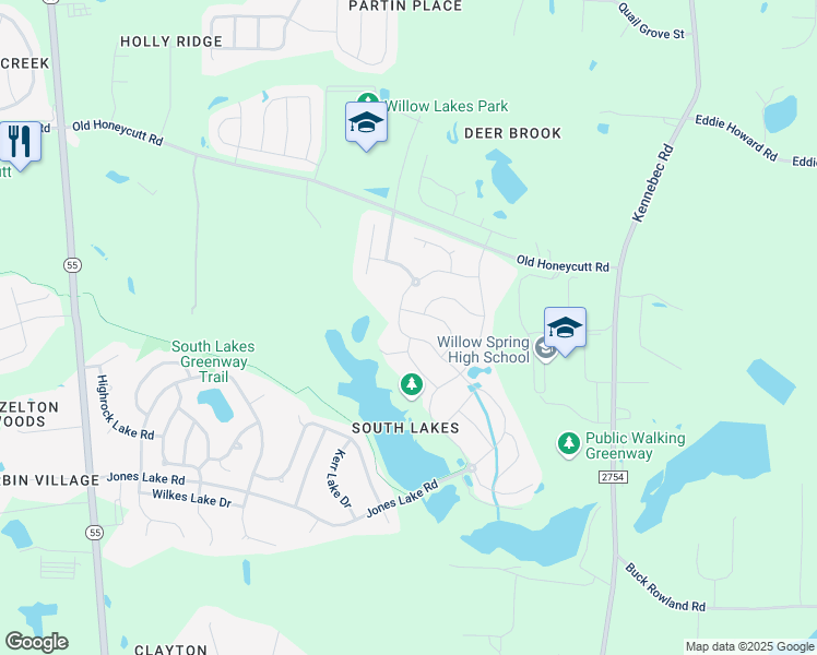 map of restaurants, bars, coffee shops, grocery stores, and more near 3444 Jones Lake Road in Fuquay-Varina