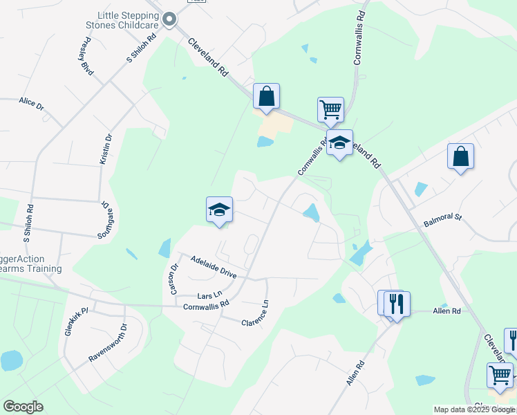 map of restaurants, bars, coffee shops, grocery stores, and more near 50 Paul Place in Garner