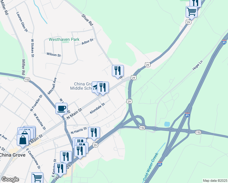map of restaurants, bars, coffee shops, grocery stores, and more near 1202 North Main Street in China Grove