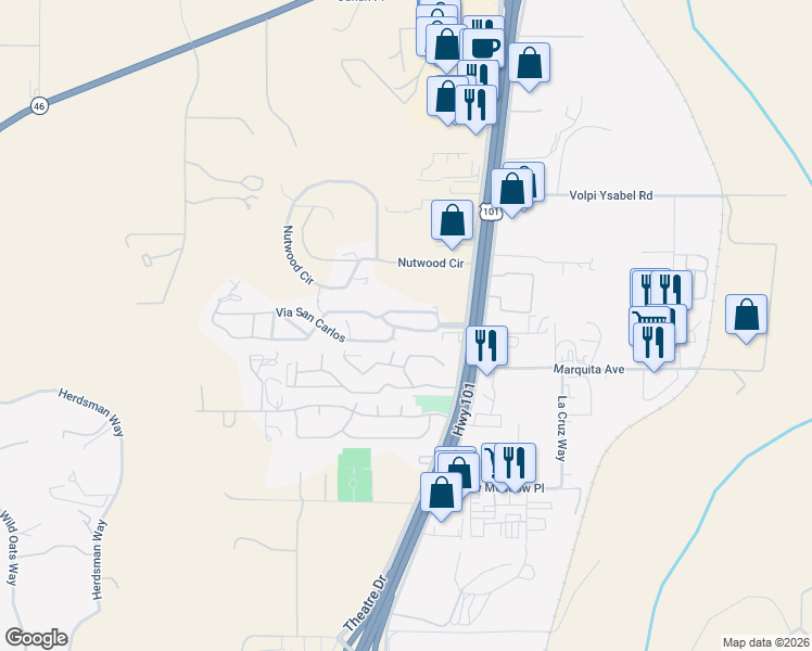 map of restaurants, bars, coffee shops, grocery stores, and more near 32 Via Santa Barbara in Paso Robles