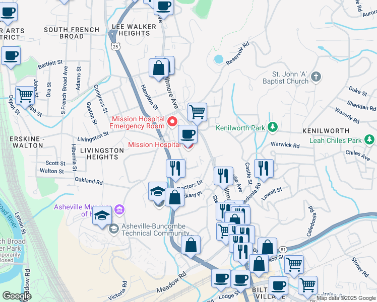 map of restaurants, bars, coffee shops, grocery stores, and more near 509 Biltmore Avenue in Asheville