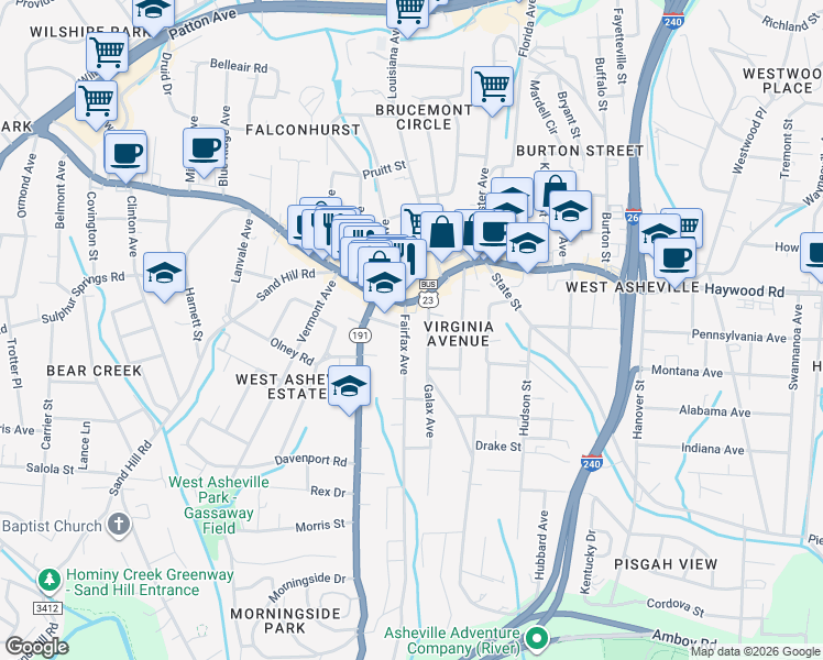 map of restaurants, bars, coffee shops, grocery stores, and more near 24 Fairfax Avenue in Asheville