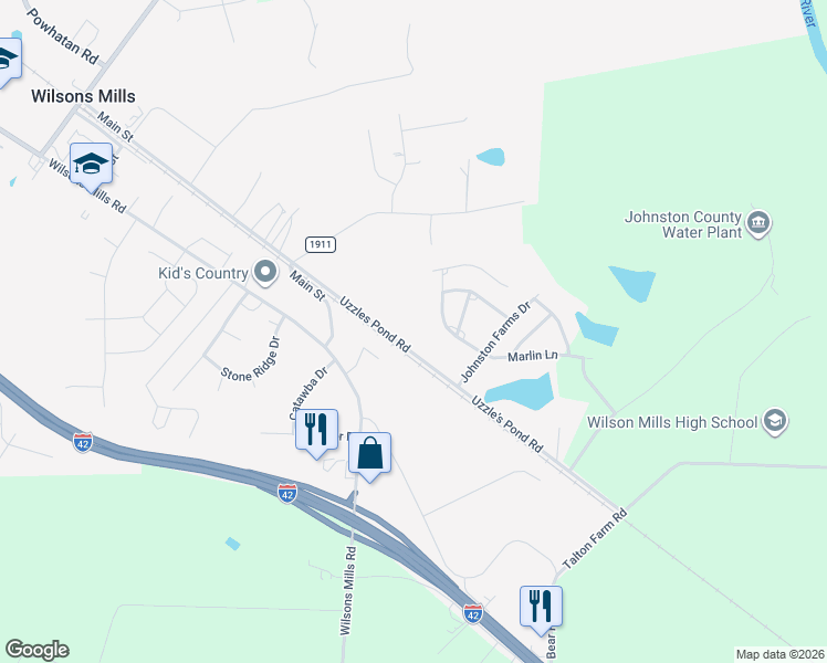map of restaurants, bars, coffee shops, grocery stores, and more near 600 Uzzles Pond Road in Smithfield
