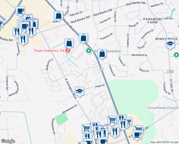map of restaurants, bars, coffee shops, grocery stores, and more near 101 Breezewood Drive in Greenville