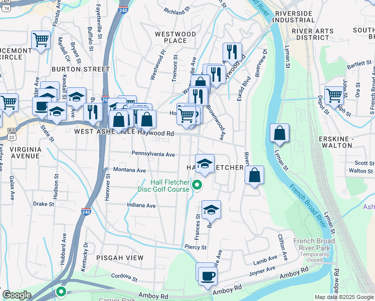map of restaurants, bars, coffee shops, grocery stores, and more near 23 Ridgelawn Road in Asheville