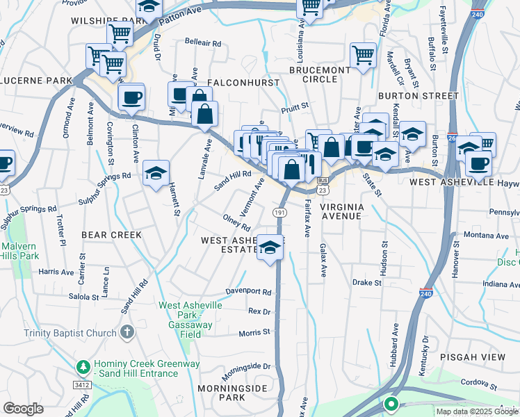 map of restaurants, bars, coffee shops, grocery stores, and more near 12 Vance Crescent Street in Asheville
