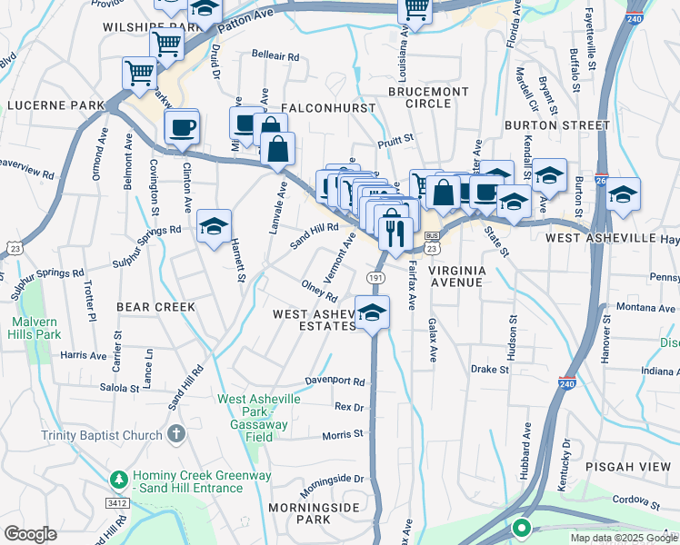 map of restaurants, bars, coffee shops, grocery stores, and more near 12 Vance Crescent Street in Asheville