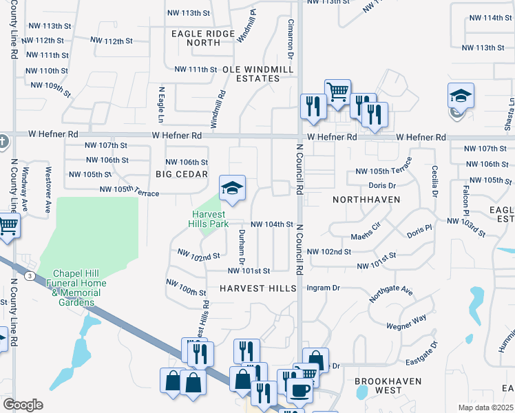 map of restaurants, bars, coffee shops, grocery stores, and more near 10520 Harvest Moon Avenue in Oklahoma City