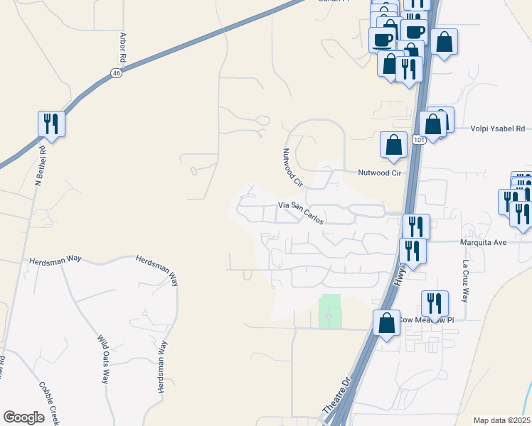 map of restaurants, bars, coffee shops, grocery stores, and more near 184 Terrace Way in Paso Robles